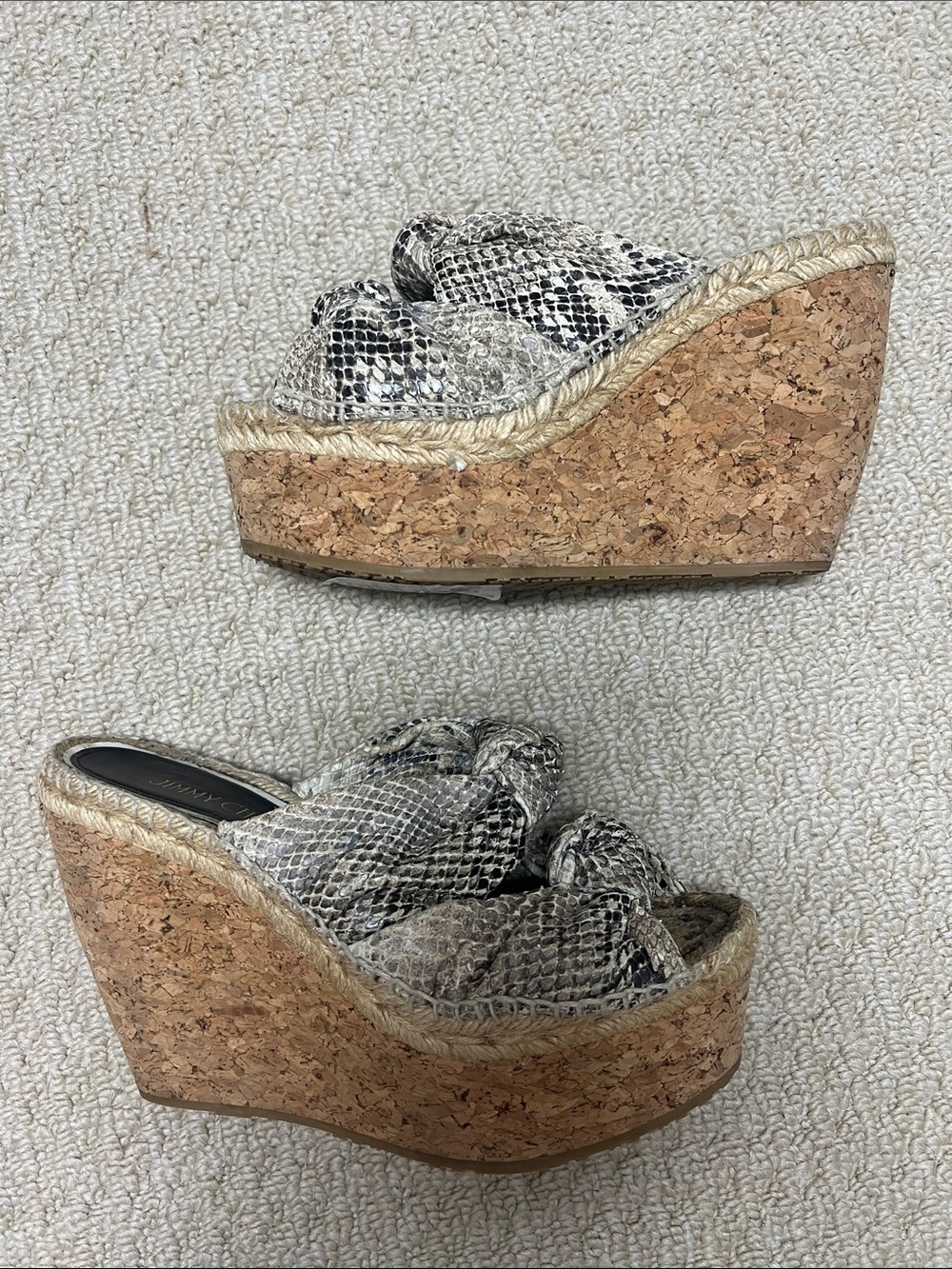 Jimmy Choo animal print tie leather sandals, cork platform wedges Sz 39 (8.5/9)